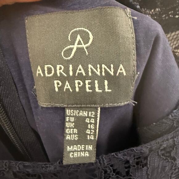 ADRIANNA PAPELL 12 Women's Lace Overlay Sheath Dress Peplum Navy Cocktail Short - Picture 10 of 14